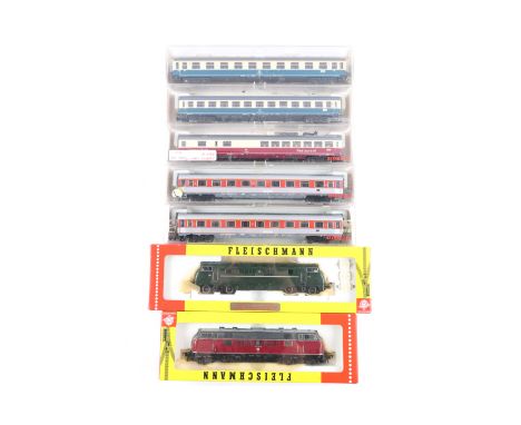 A quantity of Fleischmann HO gauge Model Railway. A DB class 221 Diesel Hydraulic Locomotive, 221 131-6. A BR class 42 Diesel