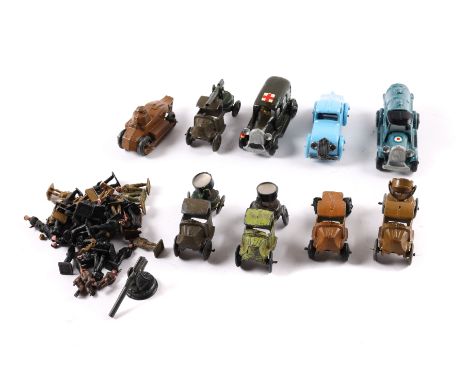 6 pre war John Hill co. Military related vehicles, includes 3 trucks each with a search light to the rear, and in different c