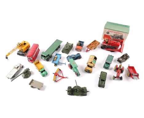 22 mainly Dinky toys to include, Foden flat truck in green with black chassis, medium tank with original chain tracks, Massey