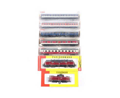 A quantity of Fleischmann HO gauge Model Railway. DB class 221 Bo-Bo Diesel Hydraulic Locomotive, 221 111-8. DB class 212 Bo-
