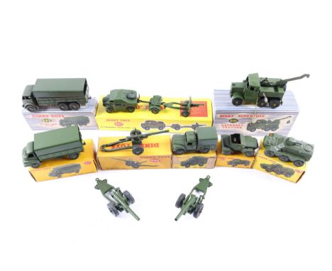10 Dinky Military toys. 25Pounder Field Gun Set 697. Recovery Tractor 661, 10-Ton Army Truck 622, 3-Ton Army Wagon 621, Armou