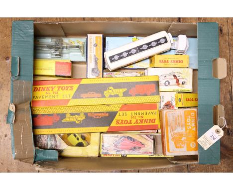 18 Dinky toys. Lot includes 2x 754 Pavement set. 512 Guy Flat Truck, Blue body and red flat back, 277 Superior Criterion Ambu