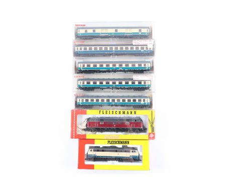 A quantity of Fleischmann HO gauge Model Railway. A DB class 218 Diesel Hydraulic locomotive, 218 498-4. A DB class 221 Diese