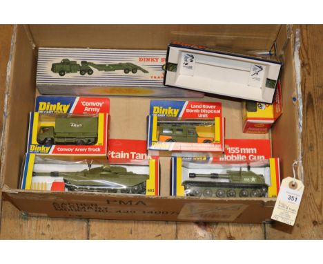 7 Dinky military related vehicles. 660 Tank Transporter in blue and white striped box, 687 Convoy Army Truck, 604 Land Rover 