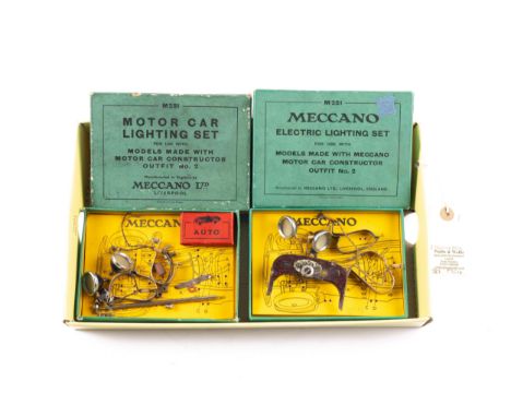 2 scarce M251  Meccano Electric lighting sets for Meccano constructor cars No.2, both have the original yellow inner tray, Bo