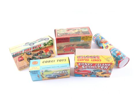 5 Various makes. Coney Island Scooter tin bumper car toy, made in Japan, has inner packing and looks unused, Box has a hole t