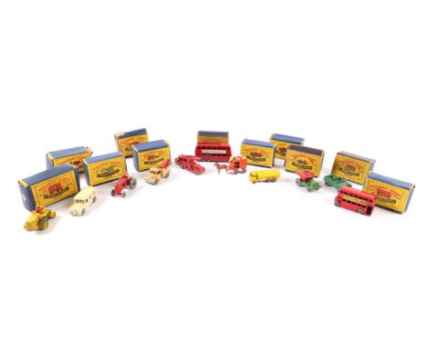 11 Matchbox series "MOKO" No.2 Rear dumper, (missing driver), No4. Tractor, No.5 London bus ( Buy Matchbox series), No.7 Hors