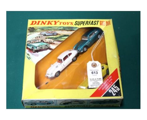 Dinky Toys Superfast Gift Set 245. Comprising Jaguar E Type, in white, an Aston Martin DB6 in metallic green and a Jensen FF 