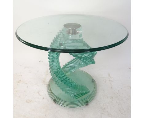 A contemporary design circular glass lamp table, with a stepped double spiral column, W60cm, H52cm, and 2 onyx table lamps 