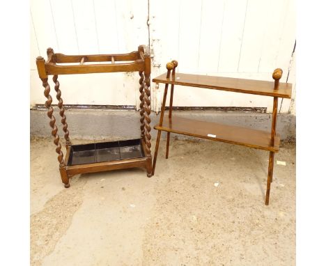 An oak stick/umbrella stand, on barley twist legs, with drip tray, W47cm, H67cm, D26cm, and a small 2-tier open bookshelf (2)