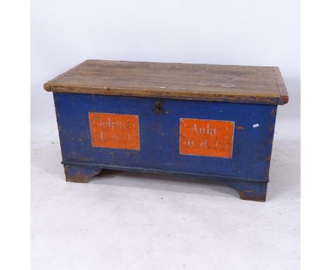 A 19th century Continental painted pine coffer on bracket feet, with key, W116cm, H57cm, D56cm 