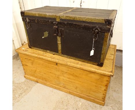 A Victorian pine blanket chest, and a Victorian steel-bound trunk (2) 