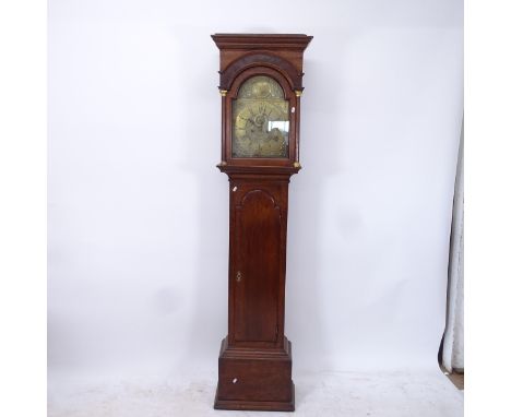 An 18th century 8-day longcase clock, having a 12" arch-top brass dial with 2 subsidiary dials, dial signed Joshua Brace, Che