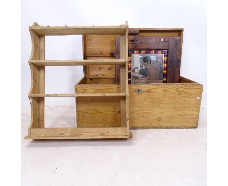 A pine dome-top trunk, W93cm, H44cm, a pine plate rack, and a modern oak-framed mirror (3) 
