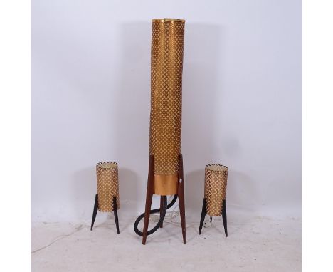 A mid-century rocket lamp, with pierced brass shade, and a pair of matching table lamps (3) 