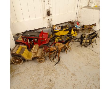 4 wooden model carriages, with horses and figures, largest 100cm overall 