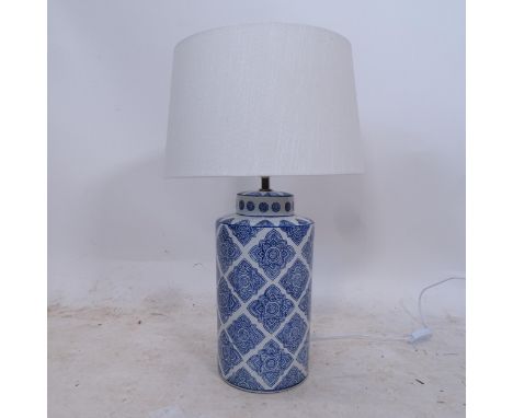 A Chinese blue and white table lamp with white shade, H59cm 