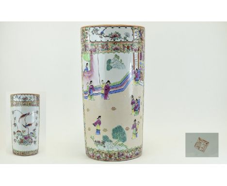 Chinese - Impressive 19th Century Cylindrical Shaped Fine Stick Stand, Decorated with Painted / Enamel Images of Figures In a