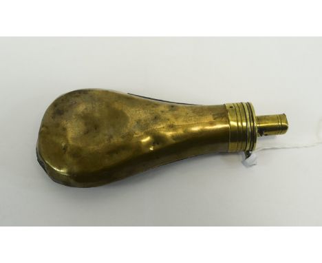 Antique Brass & Copper Powder Flask with lever opening. Marked 'Patent' to top edge. Some soldered repairs.7 1/2" in length