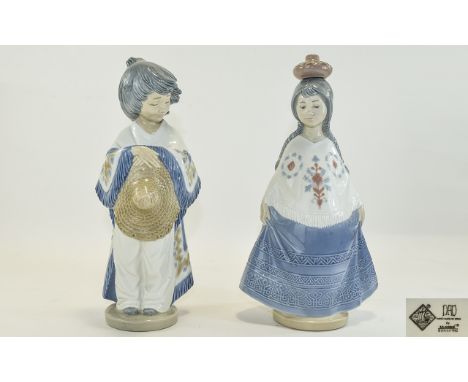 Nao by Lladro Figures ( 2 ) ' Boy and Girl ' Dressed In Mexican Outfits. 11 & 11.25 Inches Tall. Both Figures In Mint Conditi