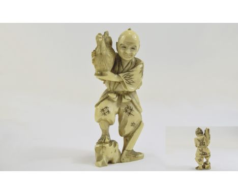 Japanese - Good Quality Late 19th Century Carved Ivory Figure - Meiji Period ' Man Holding a Chicken ' With Chopping Block an