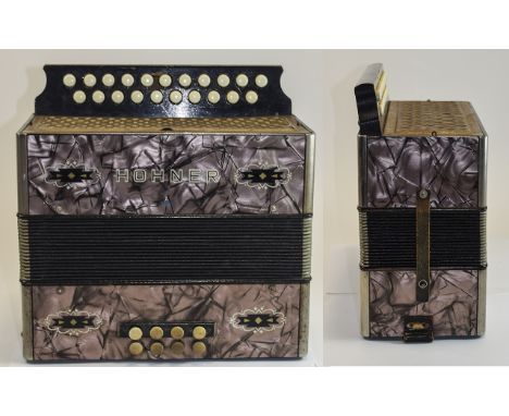 M Hohner Button Accordion 1920's - 1930's 21 button accordion. No damage to bellows, missing side strap. German made with Hoh