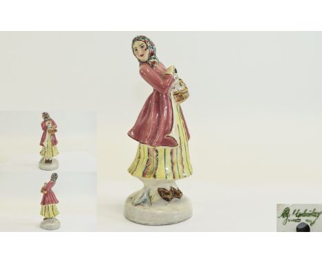 Goldscheider Very Early Figurine ' Samojede Girl ' with Rabbit In Bag. Signed to Underside of Figure. c.1920's. 6.5 Inches Hi