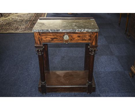 French Style Console Table Marble top, single drawer with Lion mask and ring handle. Carved front columns, shelf stretcher to