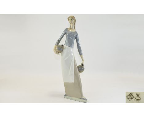 Nao by Lladro Tall Figure ' Young Woman Carrying Water Jugs ' c.1990's. 15.75 Inches Tall, Mint Condition. 