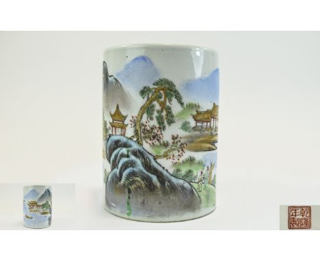 Ceramic Chinese Design Artists Brush Pot White ceramic with hand painted traditional village scene. Approx height 14 inches