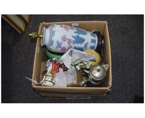 Box Containing A Collection of Assorted Pottery & Glass including Silver Plated Claret Jug, Cut Glass Bowls, Ceramic Bowl, St