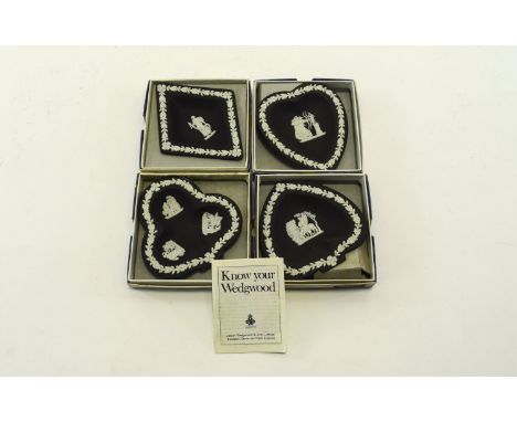 Wedgwood Jasperware 4 Small Dishes Card Suite small decorative black jasperware dressing table dishes one diamond, one club, 