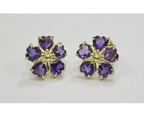 Amethyst Flower Stud Earrings, each flower comprising five heart cut purple amethysts, set in 14ct gold vermeil and silver po