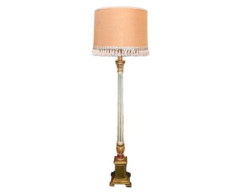 Large Standard Lamp Ornate painted and carved base with candle fitting and large cream tasseled fabric shade. Approx height 5
