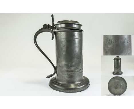 A Rare Charles II Pewter Beefeater Flagon with Inscription Sibbertoft 1684 with Plain Drum Spreading Foot, Swan Neck Handle. 