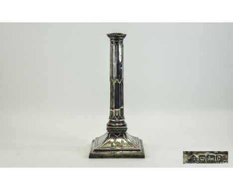 Victorian Silver Candlestick with Panel Column on Swept Square Base. Hallmark Sheffield 1896, Makers R M & E H. Height 10.75 