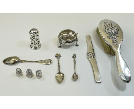 A Small Collection of Antique Silver Items ( 11 ) Items In Total. Comprises 1/ Silver Pepperette. Hallmark Birmingham 1898 2/