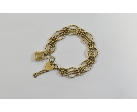 A Top Quality Ladies 9ct Gold Fancy Gate Bracelet with Attached 9ct Gold Charm, In The Form of a Bible. Fully Hallmarked. 19.