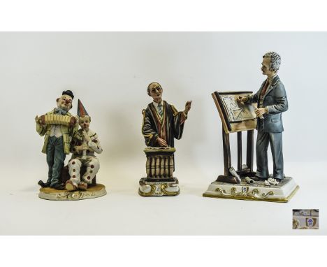 Three Capodimonte Figurines Marked to base with five pronged crown and 'N' factory mark. Marked to underside of base 150 'Mad