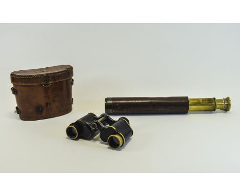 Four-Drawer Brass Telescope Inscribed Broadhurst. Clarkson and Co London, leather covered cylinder, Extended Length 29½ Inche