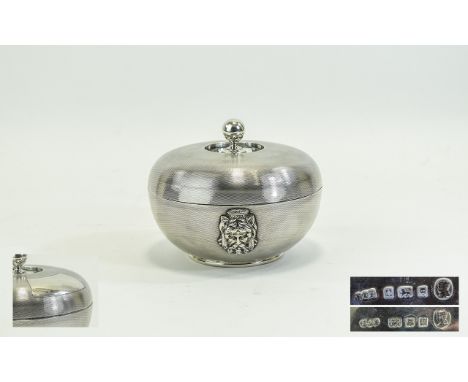 Art Deco Superb Hand Crafted Silver Dome Shaped Lidded Bowl with Bright Cut and Engine Turned Cover and Body. Hallmark London