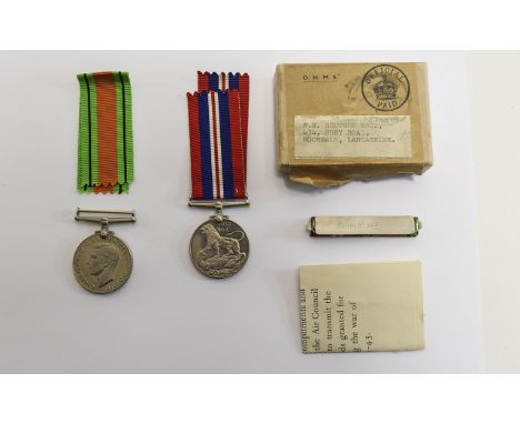 WW2 Defence And War Medal With Addressed Box W R Scotson, Rochdale, Lancashire. + issue slip & ticker tape