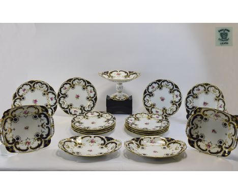 Coalport - Fine Quality and Rare Cobalt Blue Scroll and Floral Hand Painted Set of 12 Plates with Two Pairs of Sandwich Dishe