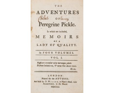 [Smollett (Tobias)] The Adventures of Peregrine Pickle, 4 vol., first edition, L12 in vol.3 cancelled (as usual), old ink sig