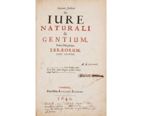 Selden (John) De iure naturali &amp; gentium, juxta disciplinam Ebraeorum, libri septem, first edition, title printed in red 