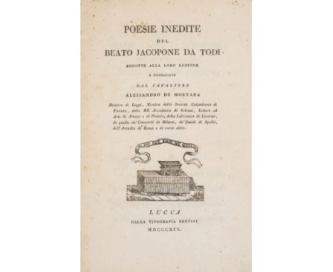 NO RESERVE da Todi (Jacopone) Poesie Inedite del Beato Jacopone da Todi, engraved device to title, a few ff. with light spots