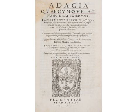 Erasmus (Desiderius) Adagia quaecumque ad hanc diem exierunt, Pauli Manutii studio, woodcut device to title and colophon, woo