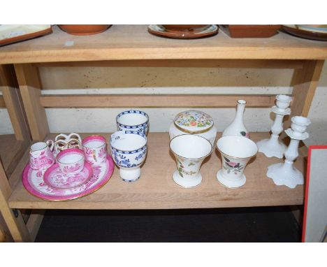 MIXED LOT COMPRISING PAIR OF COALPORT CANDLESTICKS, WEDGWOOD VASES, SPODE PART TEA SET ETC