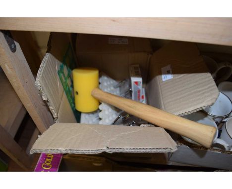 BOX OF VARIOUS CASES OF EYELETS, RUBBER HAMMER AND OTHER TOOLS