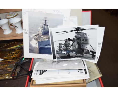 BOX FILE CONTAINING COLLECTION OF VARIOUS BLACK AND WHITE AND COLOUR PHOTOGRAPHIC PRINTS TO INCLUDE HMS ILLUSTRIOUS AND OTHER